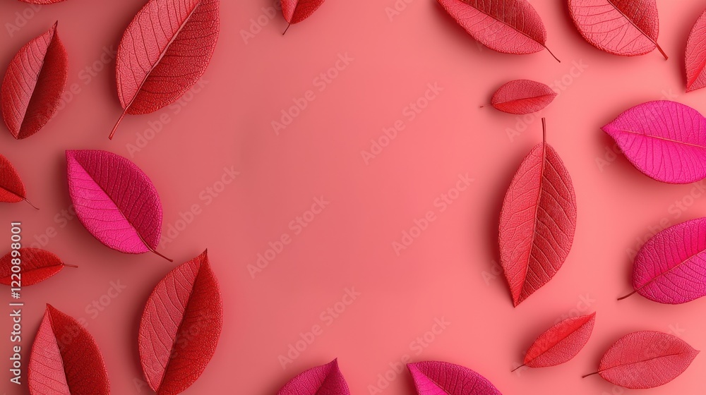 Poster a vibrant arrangement of red and pink leaves forms a decorative border on a soft pink background, cr