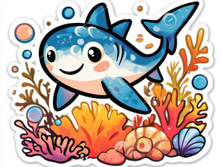 Naklejka premium A cute cartoon shark swimming among colorful corals and bubbles in a vibrant underwater scene.