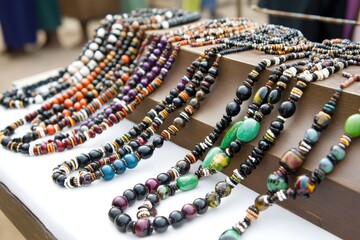 Colorful beaded necklaces displayed at market stall