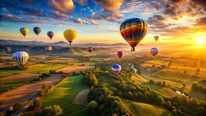 Fototapeta premium Colorful Hot Air Balloon Festival Aerial View, Group of Balloons Soaring Above Scenic Landscape