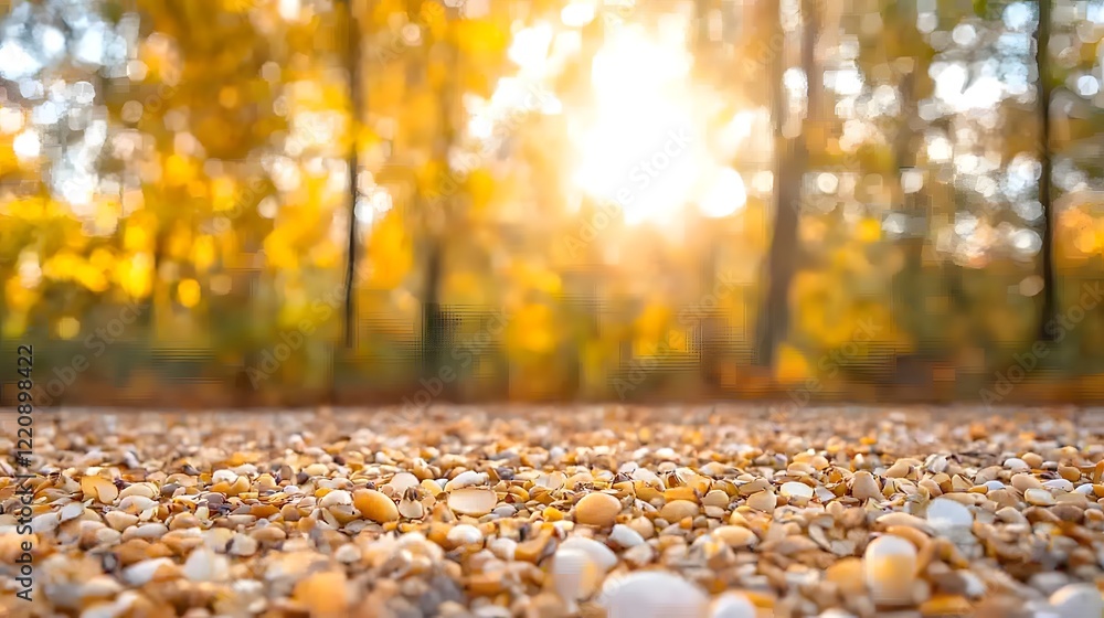 Poster a beautiful autumn scene with warm sunshine glimmering through trees and pebbled ground, creating a 