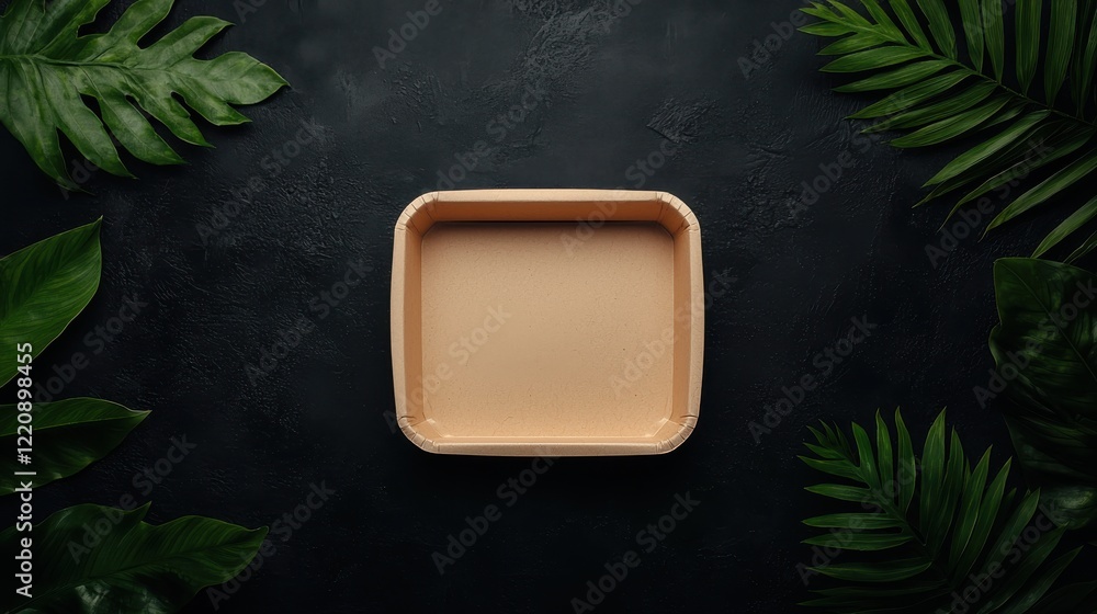 Poster a minimalist square container surrounded by lush green leaves on a dark surface, creating a serene a