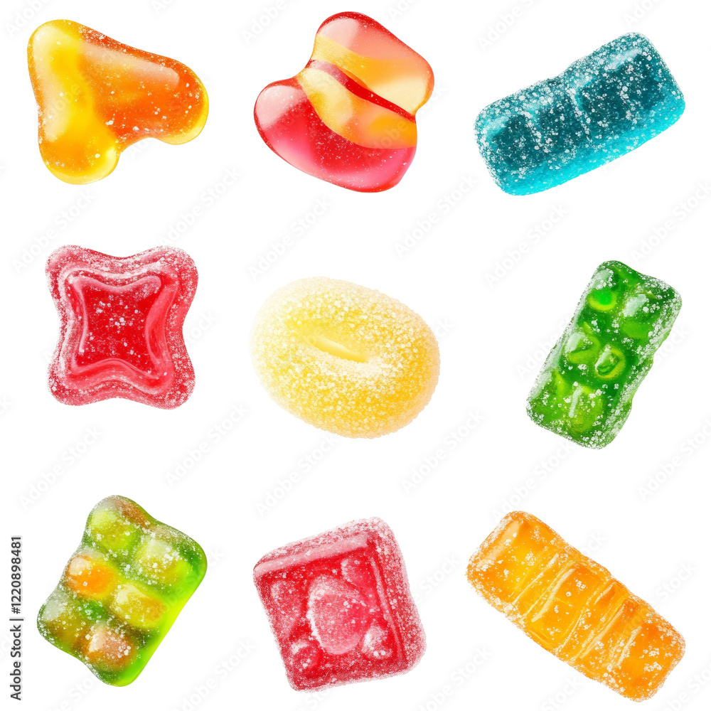 Poster a collection of various shapes and colors of gummy candies are displayed against a black background.