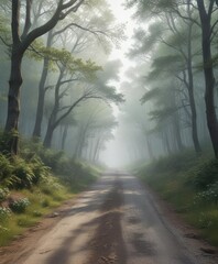 Naklejka premium A misty forest with a calm country road winding through it on a spring morning, rural scenery, misty forest