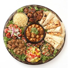 Indian food platter, diverse dishes, restaurant meal, white background, food photography