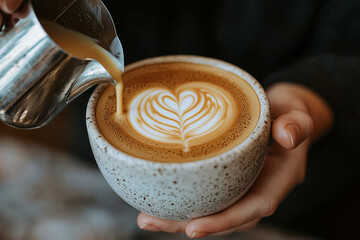 barista in her twenties skillfully pours steamed milk into cup, creating beautiful heart shaped latte art. warm tones of coffee contrast with textured ceramic cup, evoking cozy atmosphere