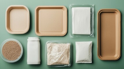 A variety of food packaging materials, including trays and bags, arranged neatly on a green background.