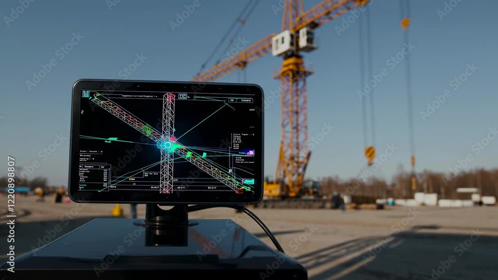 Poster advanced crane technology in action at construction site with real-time monitoring system