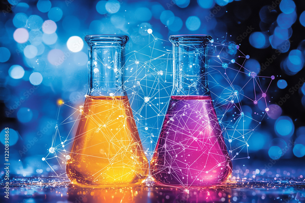Poster vibrant double exposure of laboratory flasks filled with colorful liquids, showcasing blend of scien