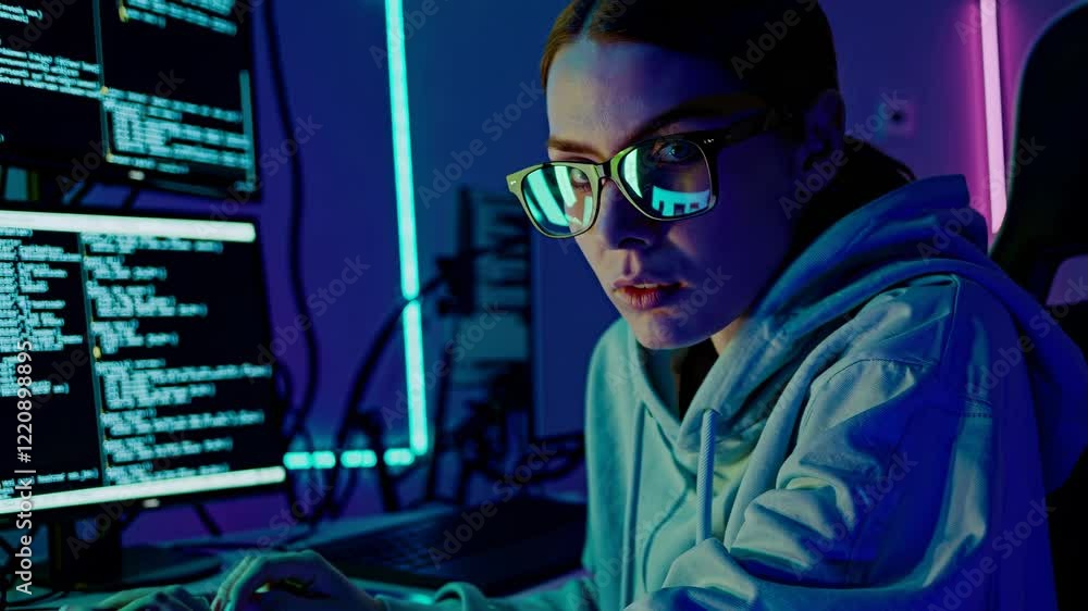 Poster innovative programmer coding in modern tech workspace with neon lights during evening hours
