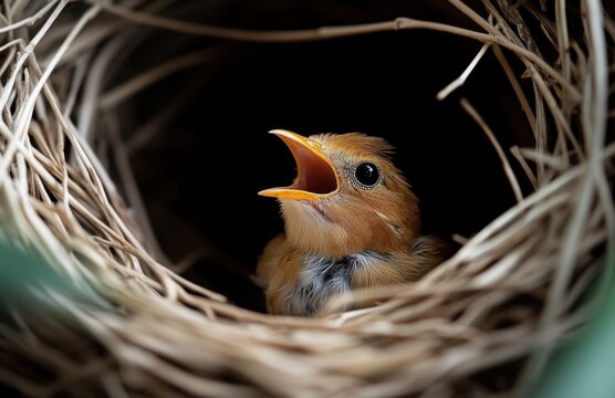 A bird's nest made of grasses, with the small yellow-billed weaver sitting inside it and singing. 