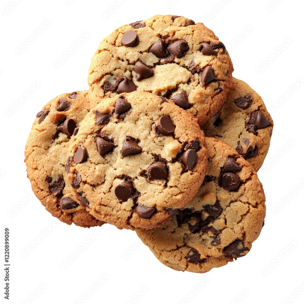 Poster a close-up overhead shot of several freshly baked chocolate chip cookies stacked on top of each othe