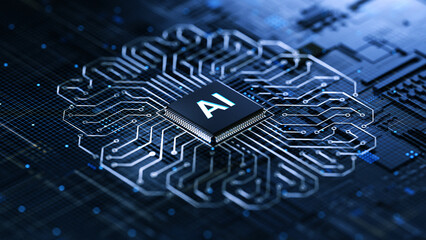 AI chip on a circuit board. Symbolizes technological advancement and artificial intelligence integration. 3d rendering, conceptual image.