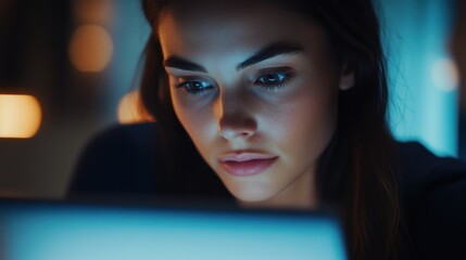 Focused young woman engaged in nighttime work on laptop in a dimly lit environment
