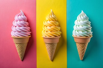 Colorful Soft Serve Ice Cream Cones Aerial View - Summer Treat Stock Photo