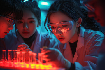 group of young scientists in futuristic lab, focused on experiments with glowing test tubes. atmosphere is intense and vibrant, showcasing innovation and teamwork