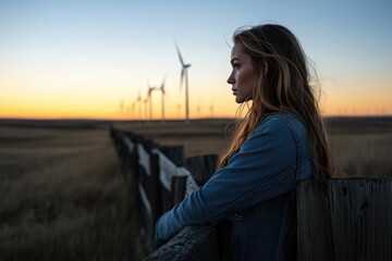 A young woman in a denim jacket contemplates the sunset over a field of wind turbines.