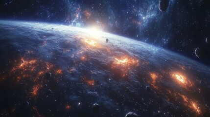 Fototapeta premium A dense field of asteroids with stars and a galaxy. Ideal for space exploration, astronomy, and sci-fi themes.