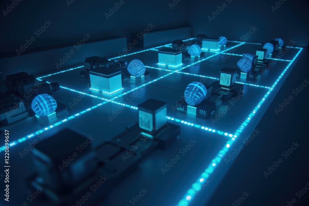 Poster futuristic network infrastructure with glowing data nodes and grid