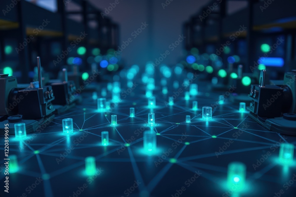 Poster abstract network connections with glowing elements in industry setting