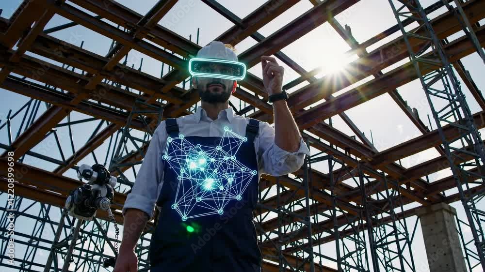 Aufkleber innovative construction worker uses augmented reality technology on job site to enhance project effi