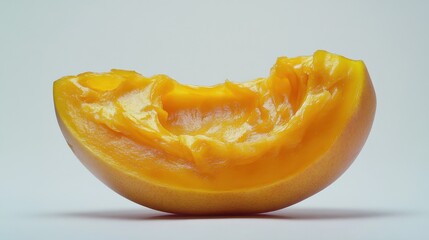 A juicy mango half, showcasing its golden-yellow flesh with visible fiber patterns and a smooth pit, white background. 