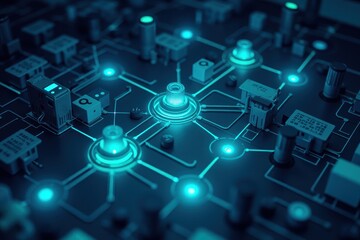 Futuristic Technology Network Circuitry Design in Dark Background
