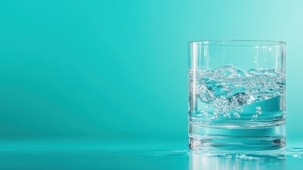 An energetic image of crystal clear water splashing in a glass filled with ice, conveying freshness and vitality, perfect for beverage-related themes or summer vibes.