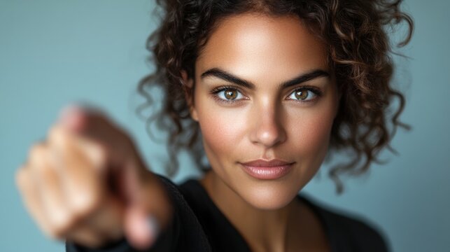 Confident woman with curly hair confidently pointing at the viewer in a soft, neutral-toned environment during daylight