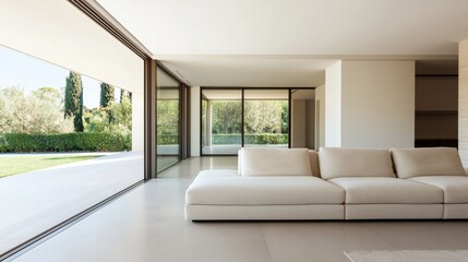 Fototapeta premium A modern, minimalistic living room featuring a large sofa, expansive glass walls, and views of a lush outdoor space.