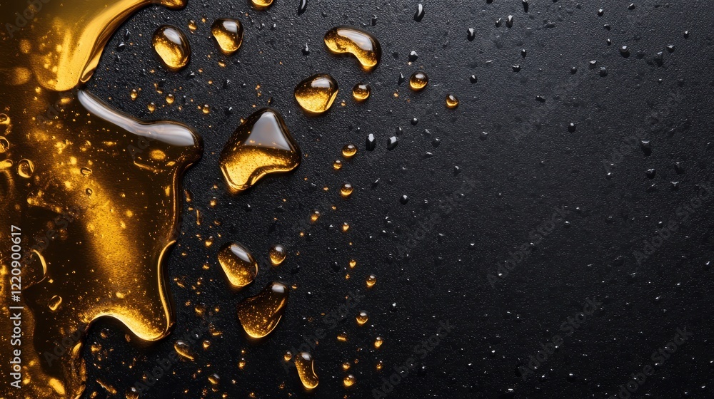 Poster a close-up of rich golden liquid pooling on a dark textured surface, demonstrating the interplay bet
