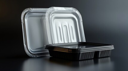 Aluminum Foil and Plastic Food Containers on Dark Background