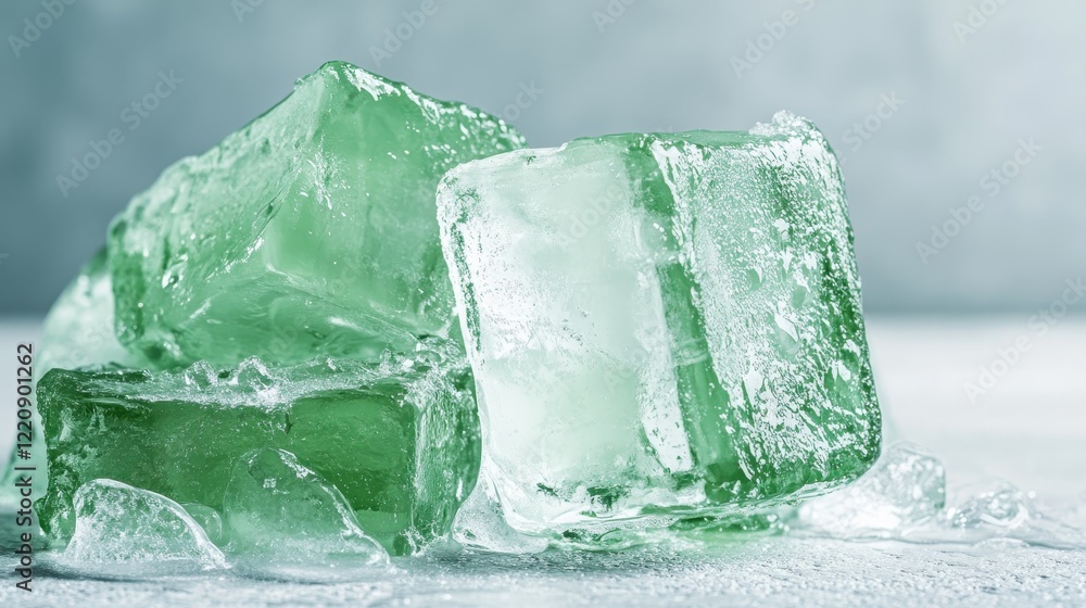 Poster a close-up view of green ice cubes piled elegantly on a smooth surface, perfectly capturing the cool