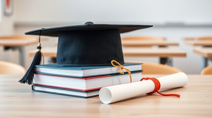 graduation cap and diploma on white