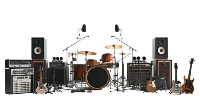 Audio studio with recording equipment and mixer in an office setting, featuring electronics and technology elements like a computer, laptop, and circuit details - Powered by Adobe