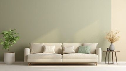 Minimalist composition of elegant and outstanding space with beige sofa, coffee table, vase, green plaid and pillow. Beige wall. Home decor. Template.