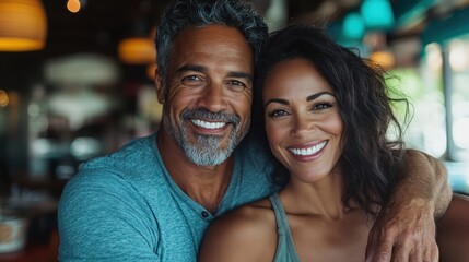 This warm image captures a joyful couple embracing, radiating love and happiness in a vibrant, inviting atmosphere filled with soft lighting and smiles.