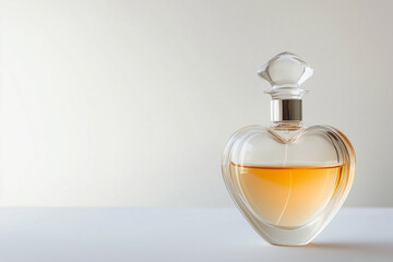 A minimalist glass bottle of perfume with a stopper, set against a white background.