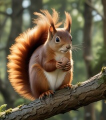 Obraz premium A red squirrel perches on a thin limb eating a single nut in the woods, red squirrel, small mammal, forest environment