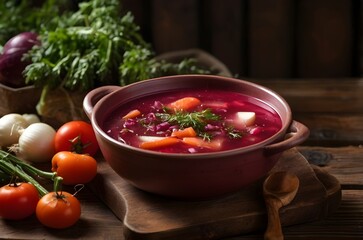 Healthy borscht with sour cream in a white plate on a wooden table in rustic style. National cuisine concept.