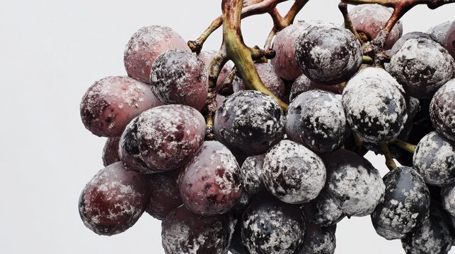 A moldy cluster of grapes with shriveled, blackened fruits and gray mold spreading across the stems, white background.