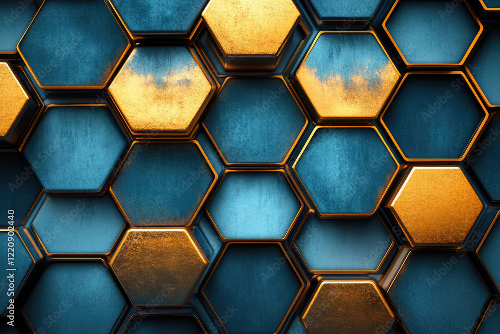 Poster Abstract background of metallic hexagons in teal and gold, creating a geometric pattern.