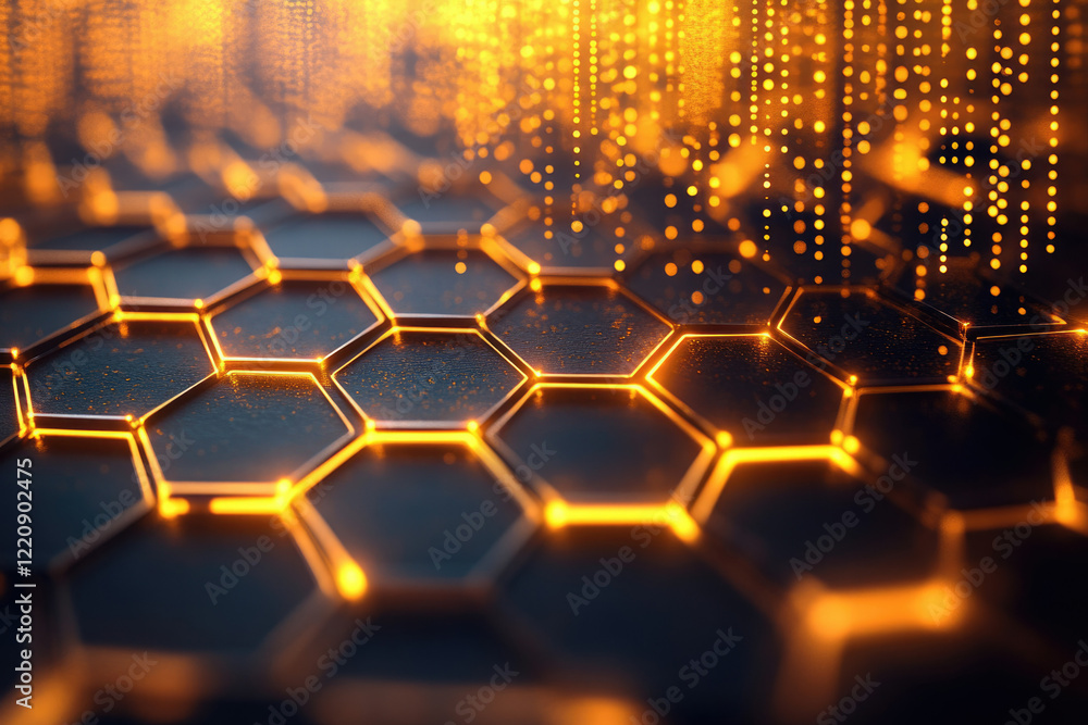Poster Abstract honeycomb structure with glowing orange edges and falling particles, representing technology or network.