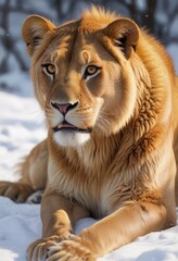 A regal lioness with a thick coat of golden fur crouches low to the ground in a snowy clearing, quiet moment, wildlife photography