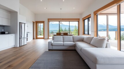 Fototapeta premium A modern, airy living room featuring large windows, a comfortable sectional sofa, and beautiful mountain views.
