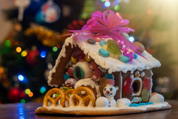 Obraz premium Gingerbread house with New Year's sweets and decorations.New Year's gingerbread on the table.