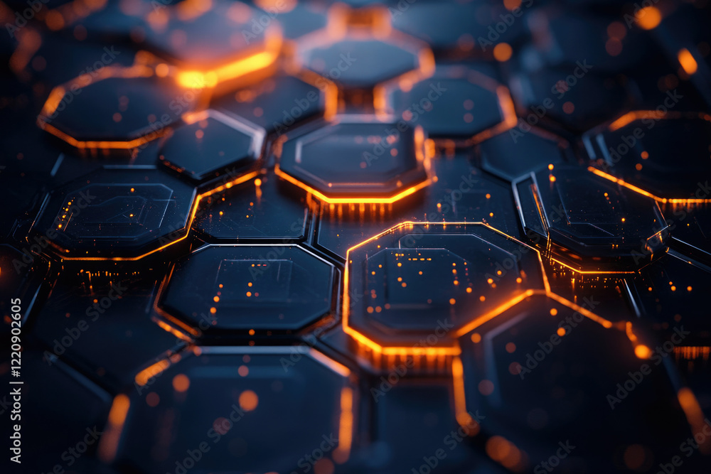 Poster abstract hexagonal grid glowing with orange light, futuristic technology concept.