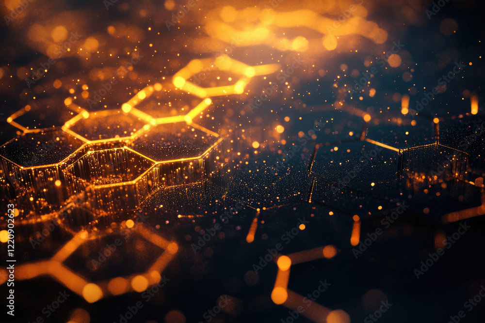 Aufkleber glowing hexagonal network with golden particles, abstract digital background.