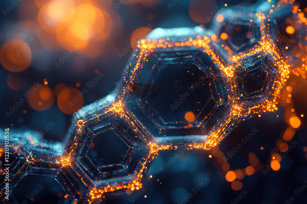Poster Abstract 3D rendering of interconnected hexagonal structures glowing with orange and blue particles, resembling a complex network or molecular model.