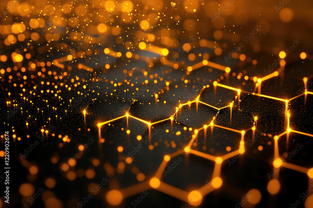 Aufkleber Abstract honeycomb network glowing with golden light, representing connection and data flow.